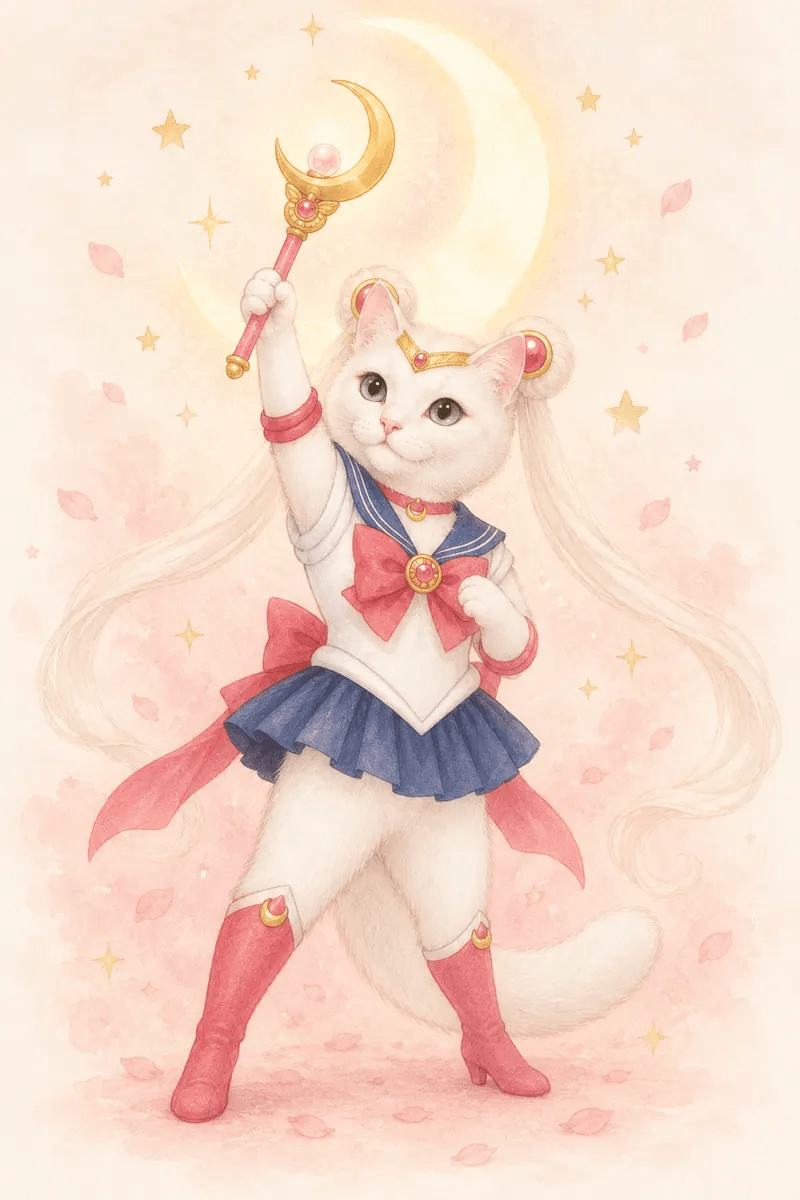 White cat dressed as a moonlit magical heroine