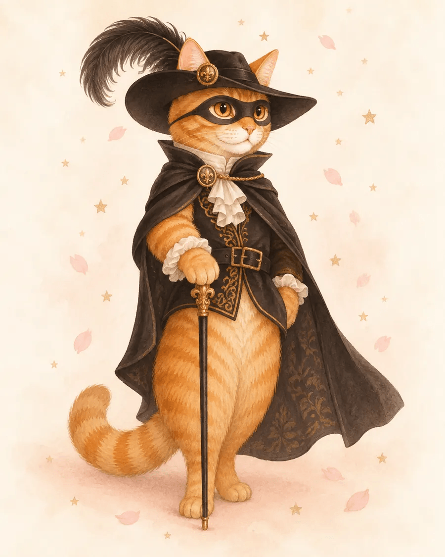 Orange tabby cat dressed as a masked theatrical thief